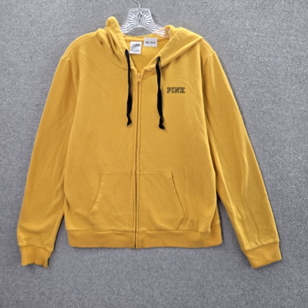 PINK Victoria's Secret Women Hoodie L Yellow Fleece Logo Full Zip Long Sleeve